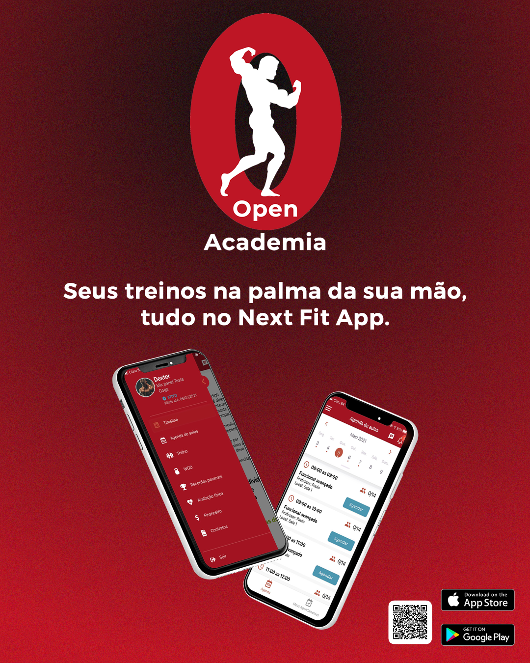 Open Academia. Celular com o Next Fit App mostrando abas de treino, agenda e financeiro. Seus treinos na palma da sua mão.